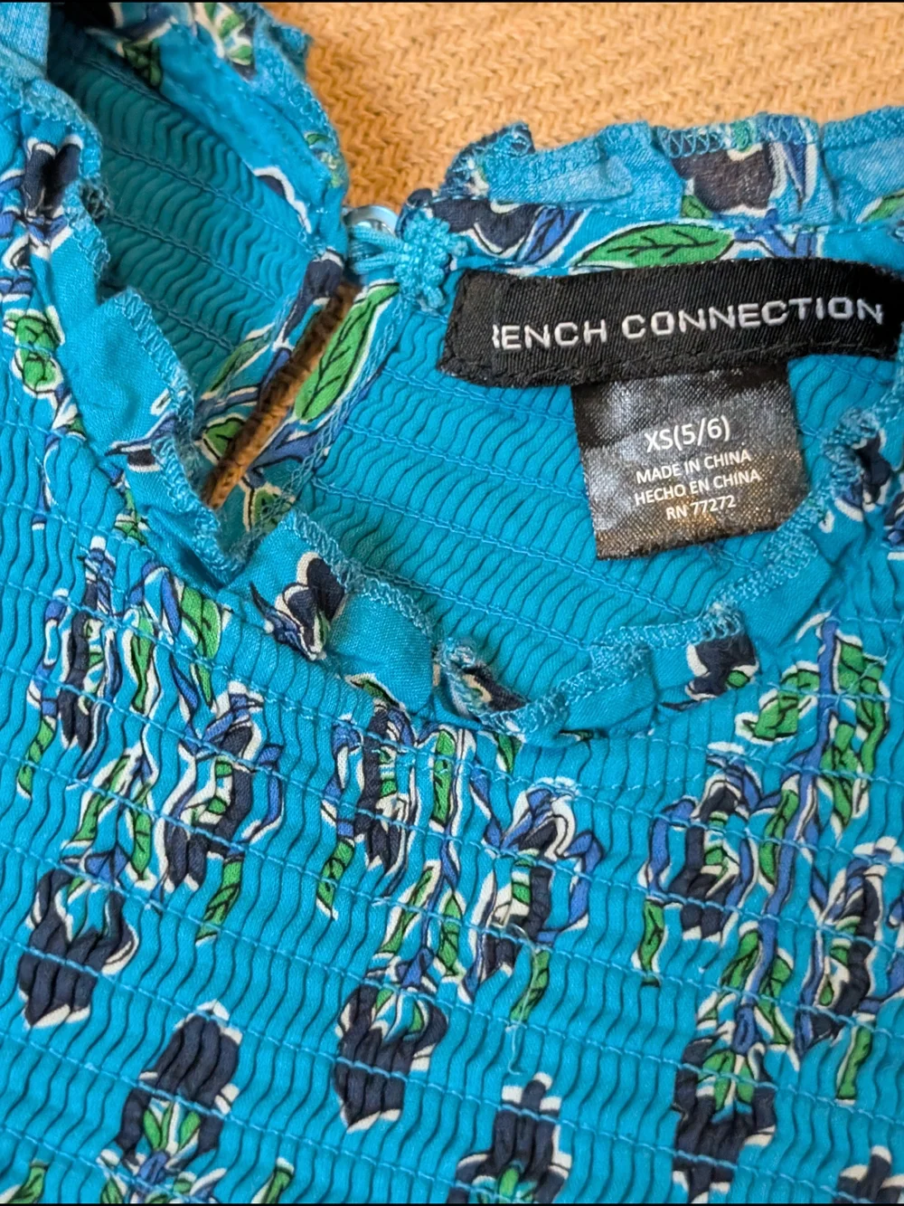 French Connection Girls Teal Blue Floral Patterned Cotton Smocked Dress